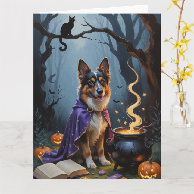 Belgian Shepherd Dog Whimsical Halloween Painting Card (Yellow Flower)