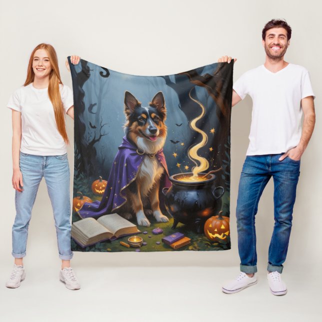 Belgian Shepherd Dog Whimsical Halloween Painting Fleece Blanket (In Situ)