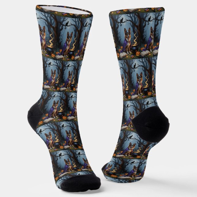 Belgian Shepherd Dog Whimsical Halloween Painting Socks (Angled)