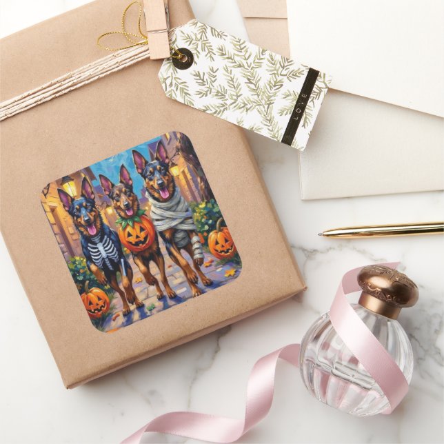 Belgian Shepherd Dogs Trick-or-Treating Halloween Square Sticker (Gifting)