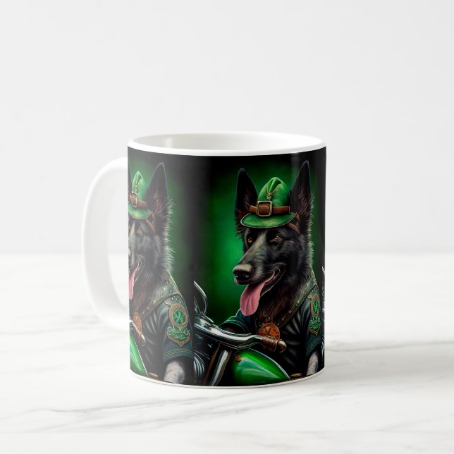 Belgian Shepherd driving bike St. Patrick's Day Coffee Mug (Front Left)