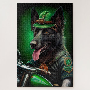 Belgian Shepherd driving bike St. Patrick's Day Jigsaw Puzzle