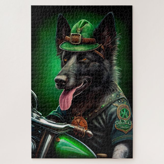 Belgian Shepherd driving bike St. Patrick's Day Jigsaw Puzzle (Vertical)