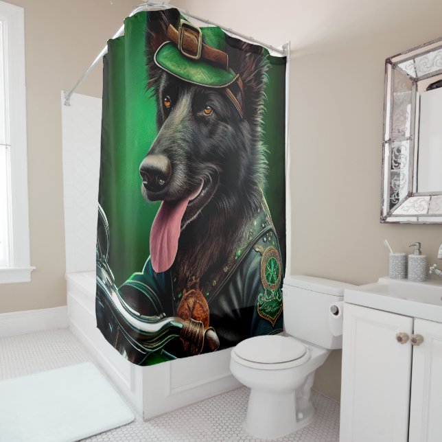 Belgian Shepherd driving bike St. Patrick's Day Shower Curtain (In Situ)