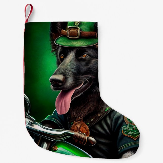 Belgian Shepherd driving bike St. Patrick's Day Small Christmas Stocking (Front)