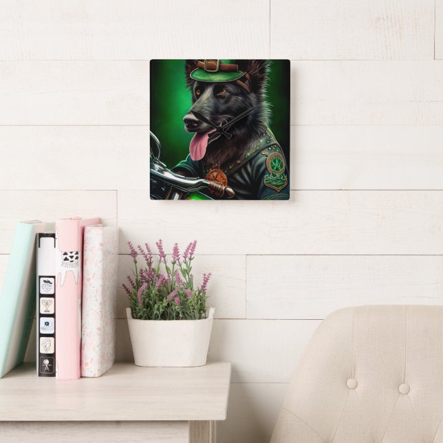 Belgian Shepherd driving bike St. Patrick's Day Square Wall Clock (Reading Room)