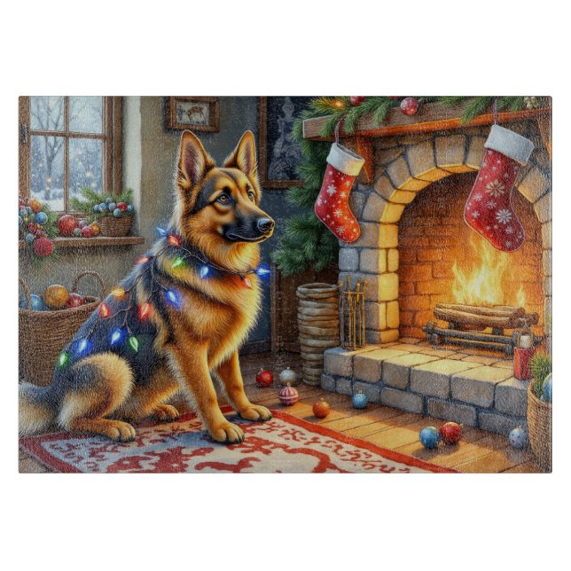 Belgian Shepherd Fireplace with Christmas Lights Cutting Board (Front)