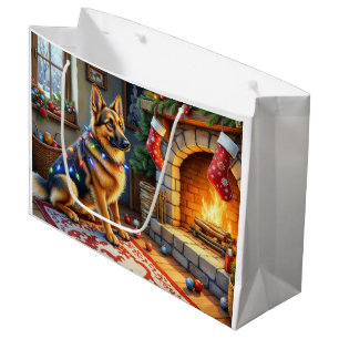 Belgian Shepherd Fireplace with Christmas Lights Large Gift Bag