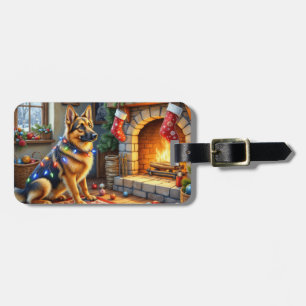 Belgian Shepherd Fireplace with Christmas Lights Luggage Tag