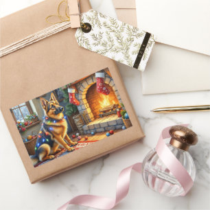 Belgian Shepherd Fireplace with Christmas Lights Rectangular Sticker