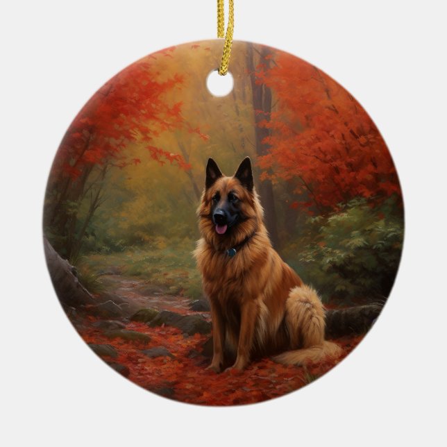 Belgian Shepherd in Autumn Leaves Fall Inspire  Ceramic Tree Decoration (Front)