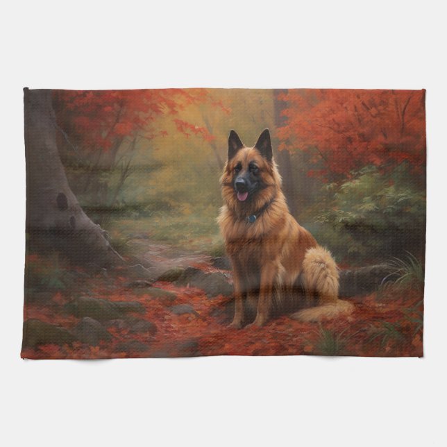 Belgian Shepherd in Autumn Leaves Fall Inspire  Tea Towel (Horizontal)