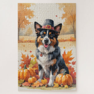 Belgian Shepherd In Autumn Leaves Thanksgiving Art Jigsaw Puzzle