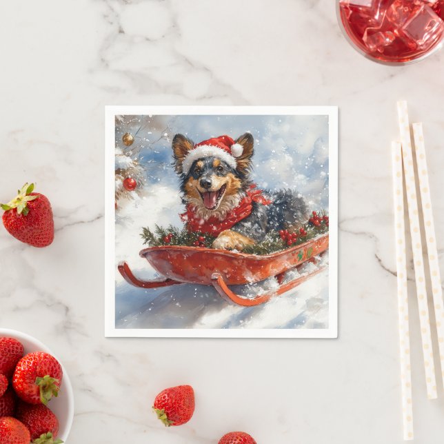 Belgian Shepherd in Sledge Let it Snow Christmas Napkin (Insitu)