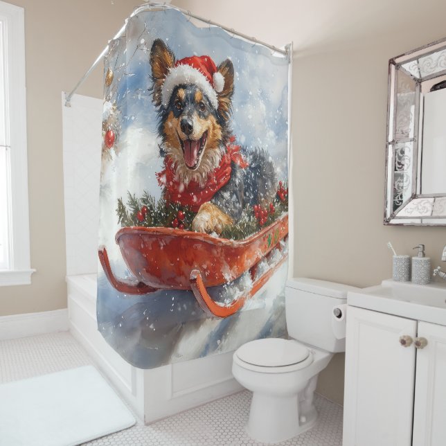 Belgian Shepherd in Sledge Let it Snow Christmas Shower Curtain (In Situ)