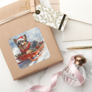 Belgian Shepherd in Sledge Let it Snow Christmas Square Sticker