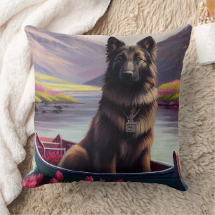 Belgian Shepherd on a Paddle: A Scenic Adventure  Cushion