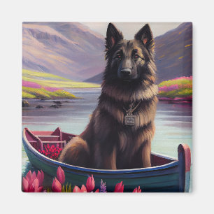 Belgian Shepherd on a Paddle: A Scenic Adventure Magnet