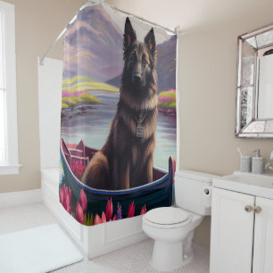 Belgian Shepherd on a Paddle: A Scenic Adventure Shower Curtain