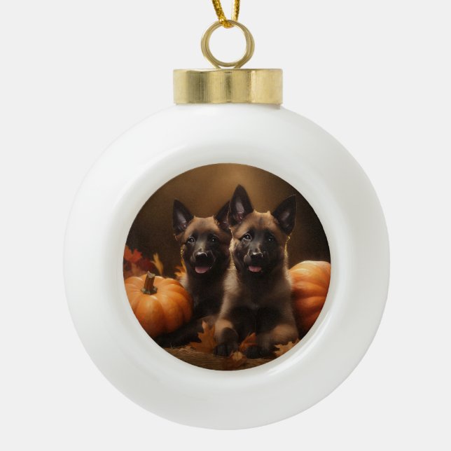 Belgian Shepherd Puppy Autumn Delight Pumpkin Ceramic Ball Christmas Ornament (Front)