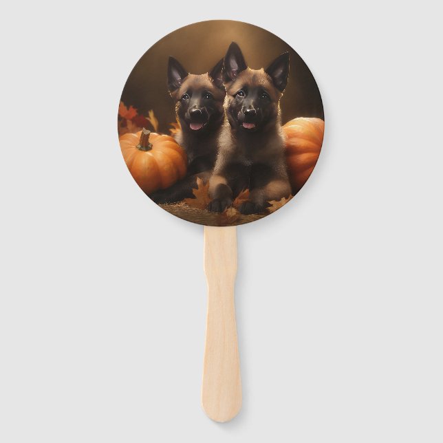 Belgian Shepherd Puppy Autumn Delight Pumpkin Hand Fan (Front)
