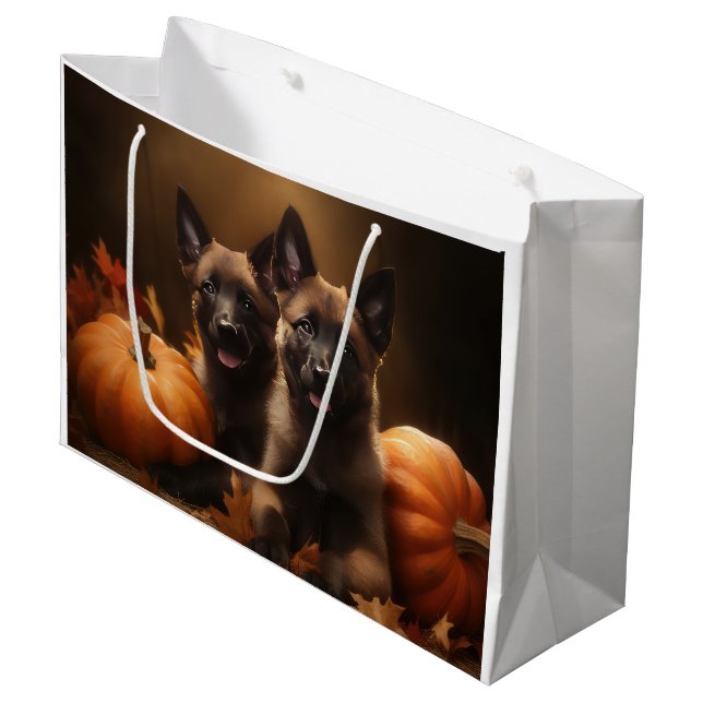 Belgian Shepherd Puppy Autumn Delight Pumpkin Large Gift Bag (Front Angled)