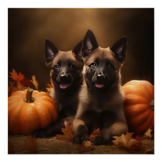 Belgian Shepherd Puppy Autumn Delight Pumpkin Poster (Front)