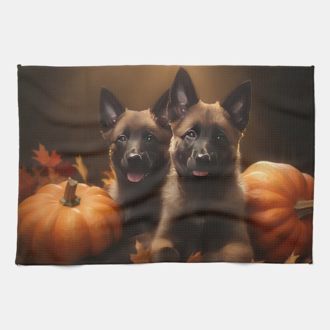 Belgian Shepherd Puppy Autumn Delight Pumpkin Tea Towel (Horizontal)