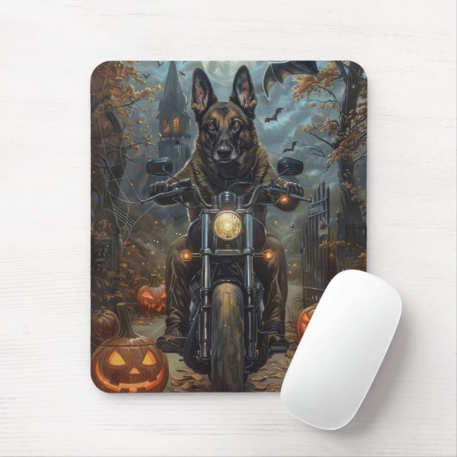 Belgian Shepherd Riding Motorcycle Halloween Scary Mouse Mat (With Mouse)