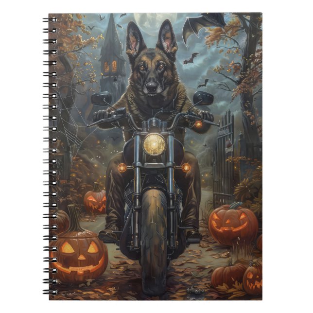 Belgian Shepherd Riding Motorcycle Halloween Scary Notebook (Front)
