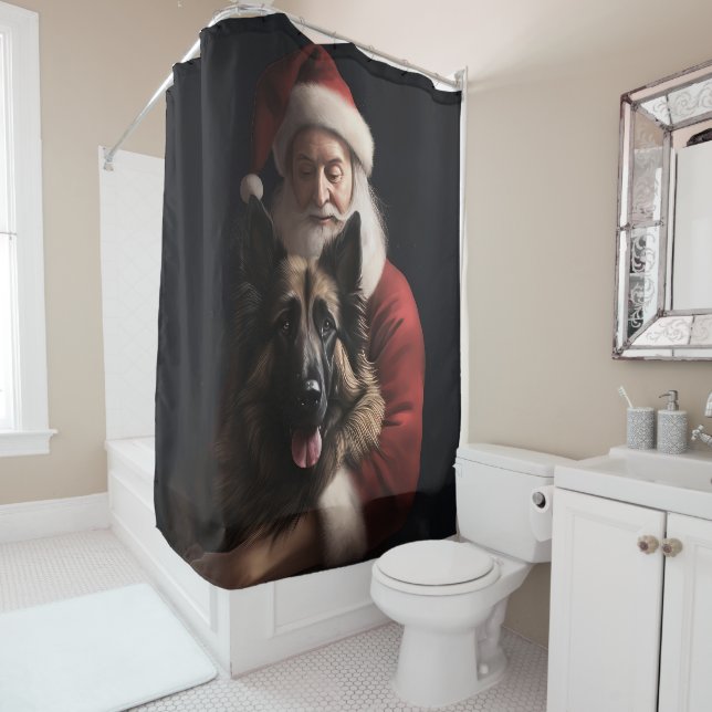 Belgian Shepherd Santa Claus Festive Christmas Shower Curtain (In Situ)