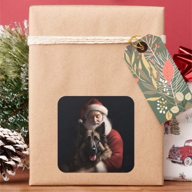 Belgian Shepherd Santa Claus Festive Christmas Square Sticker (Holiday)