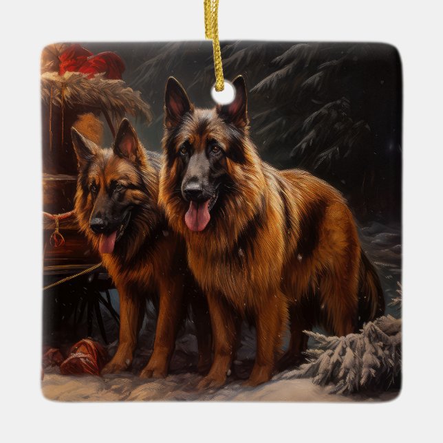 Belgian Shepherd Snowy Sleigh Christmas Decor Ceramic Ornament (Front)
