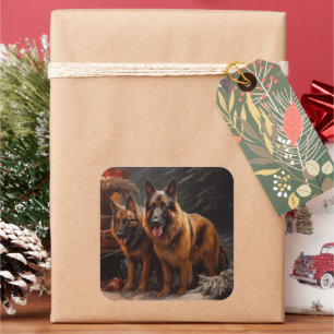 Belgian Shepherd Snowy Sleigh Christmas Decor Square Sticker
