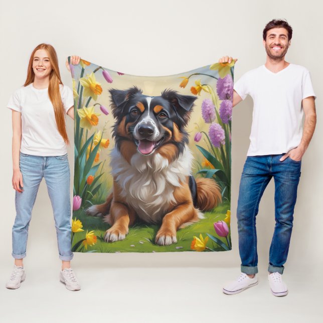 Belgian Shepherd Spring Flowers Painting Fleece Blanket (In Situ)