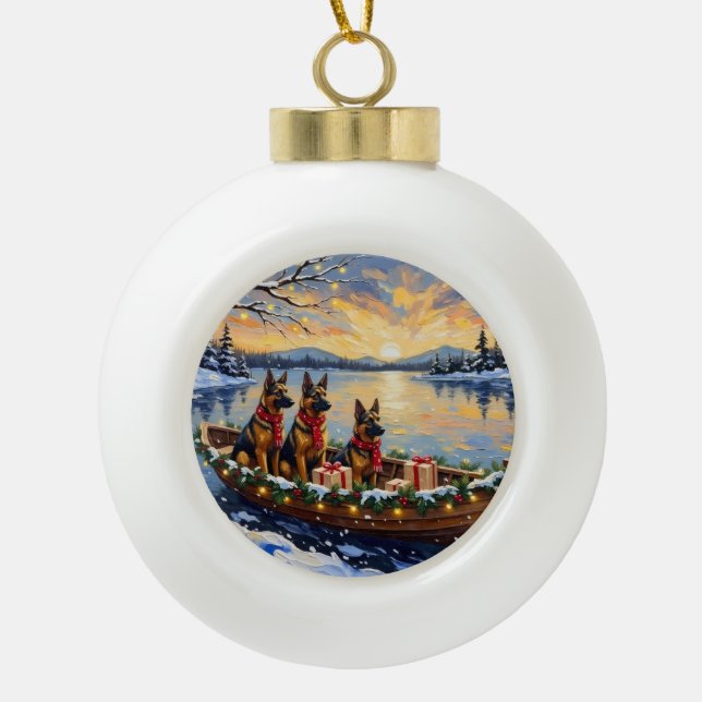 Belgian Shepherd Tervuren Christmas Boat Holiday Ceramic Ball Christmas Ornament (Front)