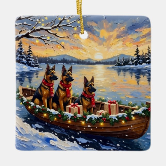 Belgian Shepherd Tervuren Christmas Boat Holiday Ceramic Ornament (Front)