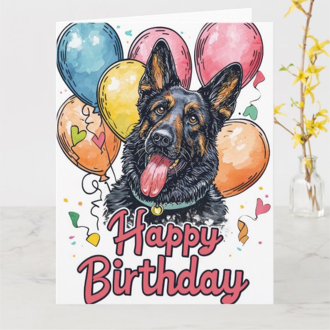 Belgian Shepherd with Balloons Card (Yellow Flower)
