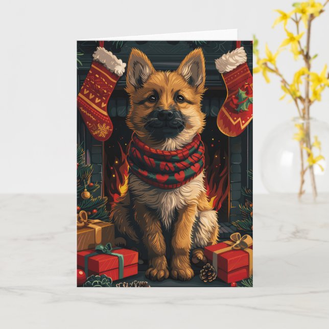Belgian Shepherd With Christmas Gifts Fireplace Card (Yellow Flower)