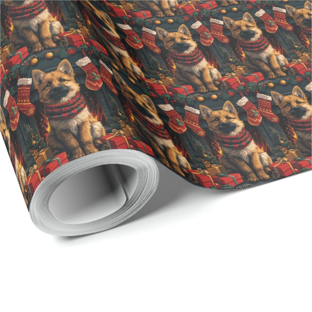 Belgian Shepherd With Christmas Gifts Fireplace Wrapping Paper (Roll Corner)