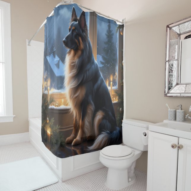 Belgian Shepherd With Christmas Lights Holiday Shower Curtain (In Situ)