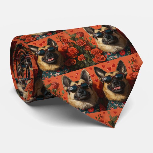 Belgian Shepherd With Heart Roses Valentine's Day Tie (Rolled)