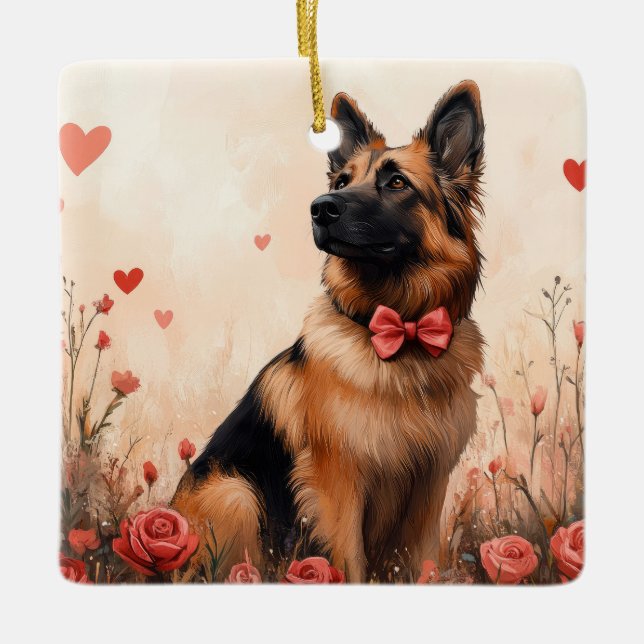 Belgian Shepherd with Roses - Valentine's Day Ceramic Ornament (Front)