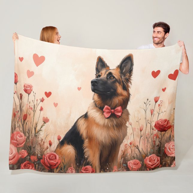 Belgian Shepherd with Roses - Valentine's Day Fleece Blanket (In Situ)