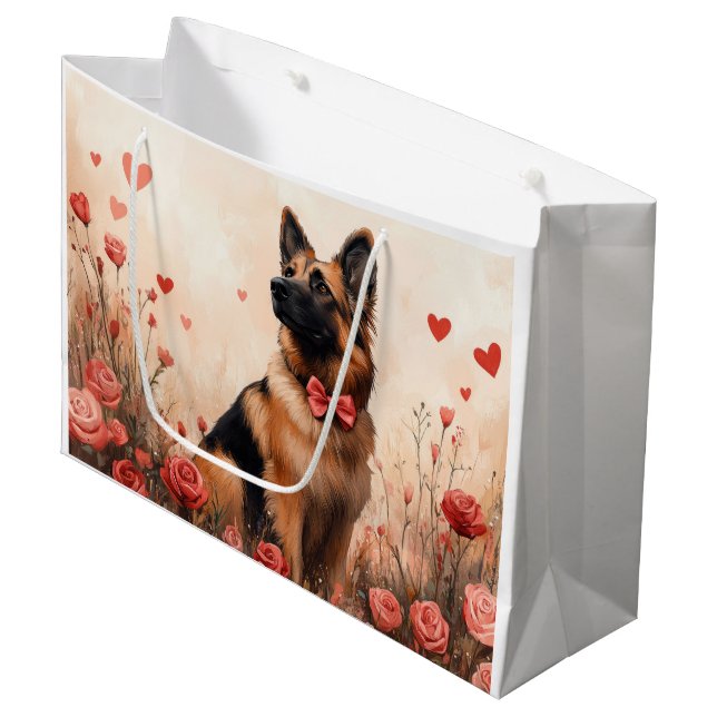 Belgian Shepherd with Roses - Valentine's Day Large Gift Bag (Front Angled)