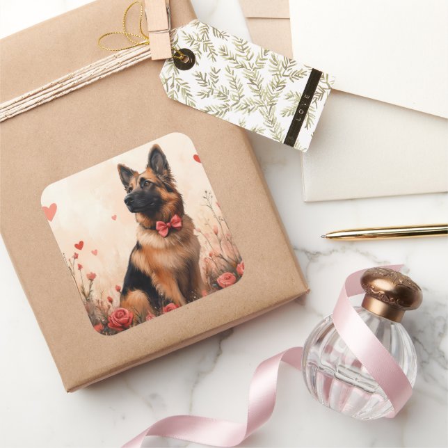 Belgian Shepherd with Roses - Valentine's Day Square Sticker (Gifting)