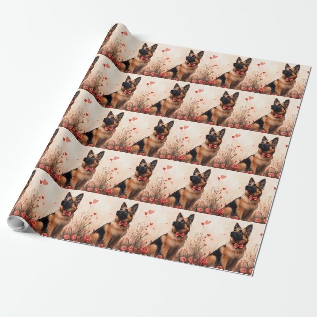 Belgian Shepherd with Roses - Valentine's Day Wrapping Paper (Unrolled)