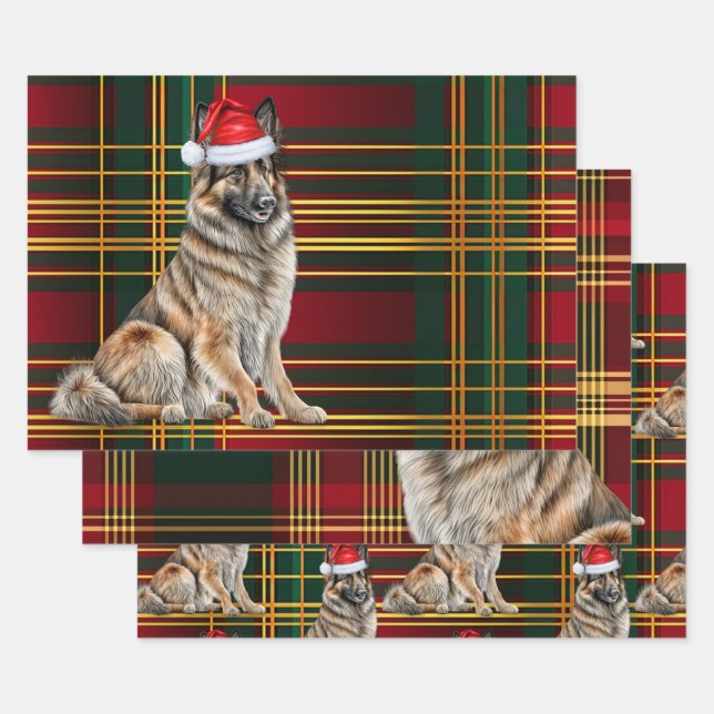 Belgian Tervuren Christmas Dog Holiday Plaid Wrapping Paper Sheet (Set)