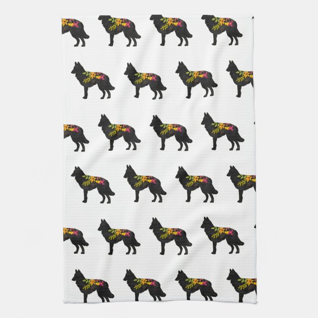 Belgian Tervuren Dog Breed Bohemian Floral Tea Towel (Vertical)