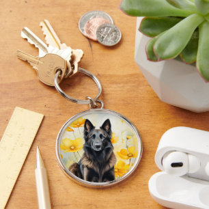 Belgian Tervuren Dog Lover and Poppies Key Ring